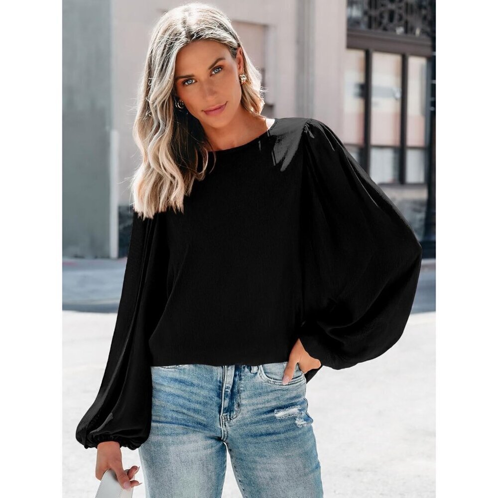 Womens Chiffon Long Sleeve Blouse Crewneck Fall Casual Dressy Office - Picture 5 of 6